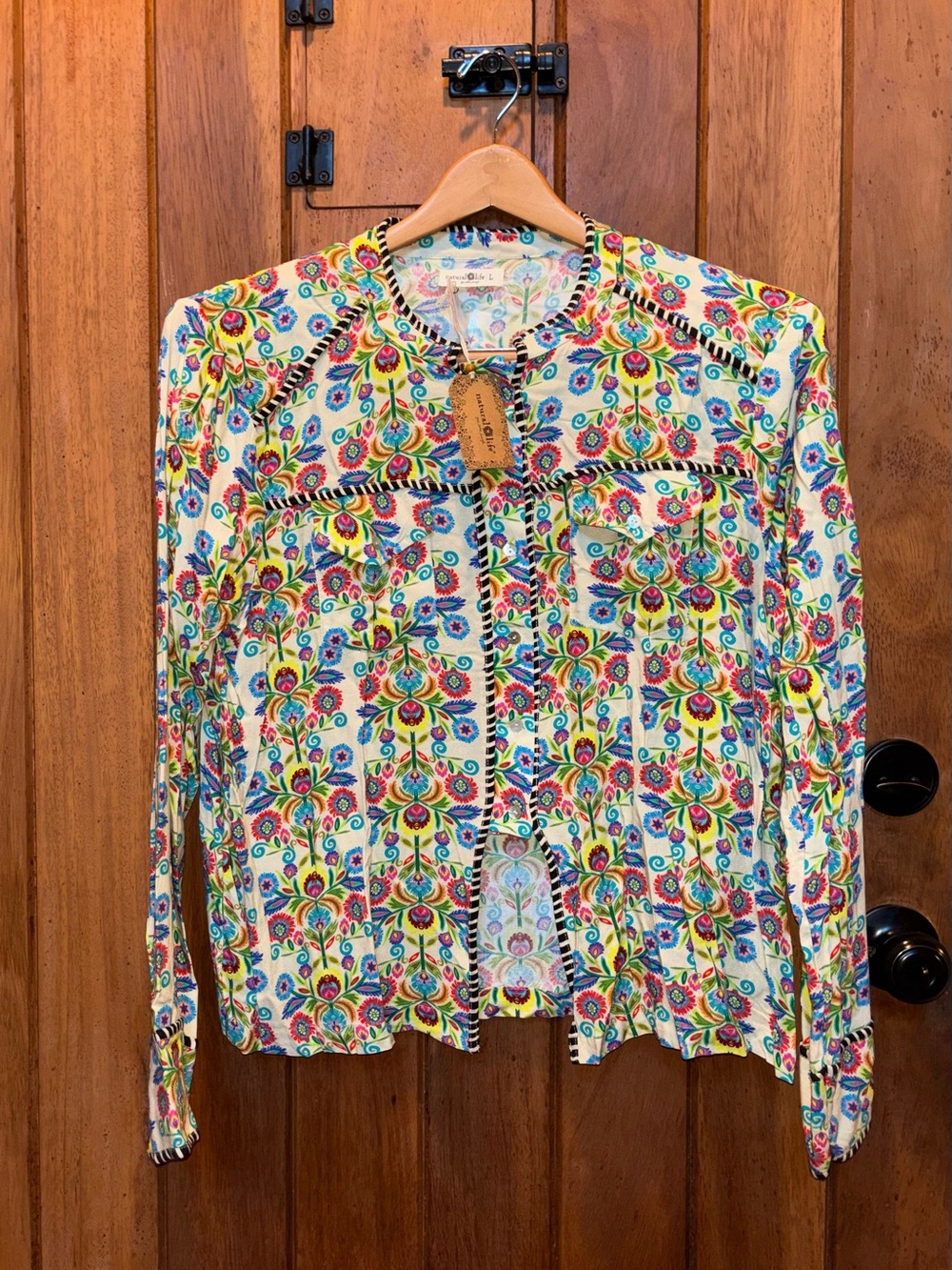 Natural Life Colorful Floral Button-up Top With Black & White Piping Trim